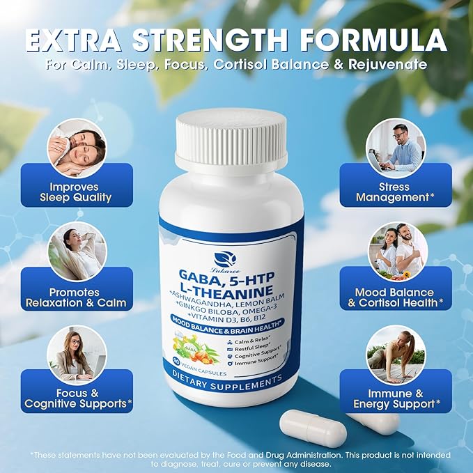 GABA Supplements 750mg with L Theanine, 5HTP, Ashwagandha, Lemon Balm, Ginkgo Biloba, Omega-3, 10 in 1 GABA Calm Capsules for Sleep, Relaxation, Focus, Mood Support, Cortisol Balance - 90CT
