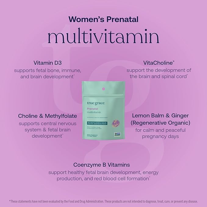 True Grace Prenatal Multivitamin Refill Pouch - 120 Vegan Tablets - Supports a Healthy Mom & Baby with Methylfolate & Choline for Fetal Brain Development - Gluten Free, Soy Free - 60 Servings