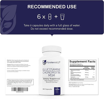 FürstenMED Glucosamine Chondroitin MSM Supplement - Chondroitin & Glucosamine Nutritional Supplements for Bones & Normal Cartilage Health - Support Normal Joint Health with Vitamin C - 180 Capsules
