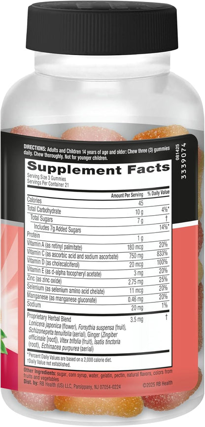 Vitamin C 750mg (per Serving) - Airborne Assorted Fruit Flavored Gummies (63 Count in a Bottle), Gluten-Free Immune Support Supplement with Vitamins A C E, Selenium, Echinacea & Ginger