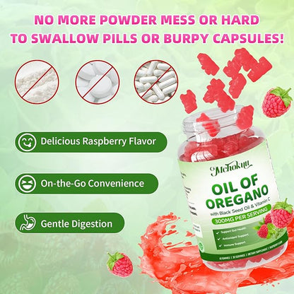 Oil of Oregano with Black Seed Oil, 2-in-1 Black Seed Oil Supplement for Women & Men Support Antioxidant Health, Sugar Free & Vegan Raspberry Herbal Gummies, 60 Count