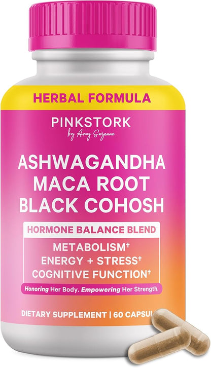 Pink Stork Ashwagandha, Maca Root & Black Cohosh Natural Perimenopause & Hormone Balance Supplement for Women – Mood, Stress, Adrenal, & Cortisol Support - 60 Capsules