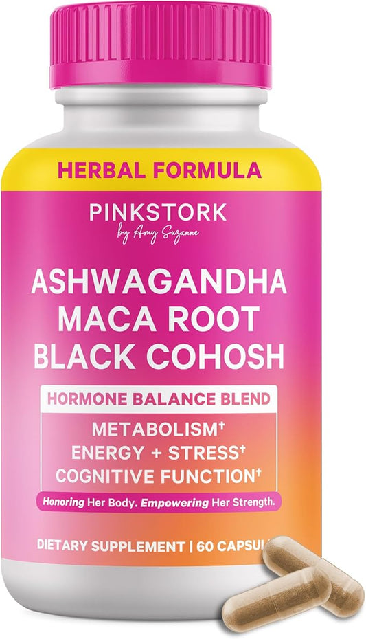 Pink Stork Ashwagandha, Maca Root & Black Cohosh Natural Perimenopause & Hormone Balance Supplement for Women – Mood, Stress, Adrenal, & Cortisol Support - 60 Capsules