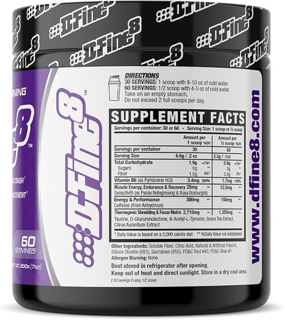Thermogenic Pre-Workout Energy Powder & Shredding Supplement, Boost Energy Mood & Focus, Sugar Free, Contains Senactiv, Endurance, 300mg Caffeine, N-Acetyl-L-Tyrosine (Fierce Grape)