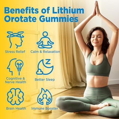 Lithium Orotate Gummies 5mg, Low Dose Lithium Supplements with Magnesium & NAC for Mood & Stress Relief, Gentle & Highly Absorbable, Sugar Free, Vegan, Pectin, Pineapple, 60 Chews