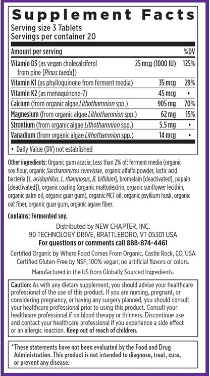 New Chapter Calcium Supplement - Bone Strength Plant-Based USDA Organic Calcium with Magnesium, Vitamin D3+K2, for Bone Health & Joint Mobility, Heart Support, 905 mg dose - 60 Slim Tablets