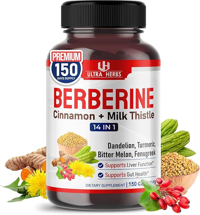 Ultra Herbs Premium Berberine with Cinnamon, Milk Thistle - Promotes Liver Function, Gut Health, Immunity (150 Count (Pack of 1))