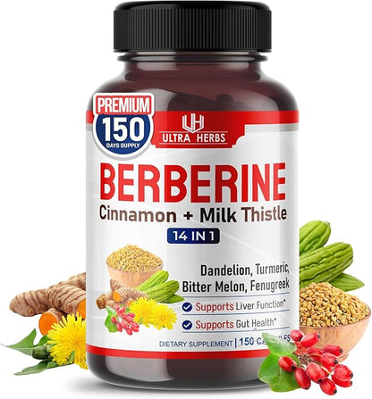 Ultra Herbs Premium Berberine with Cinnamon, Milk Thistle - Promotes Liver Function, Gut Health, Immunity (150 Count (Pack of 1))