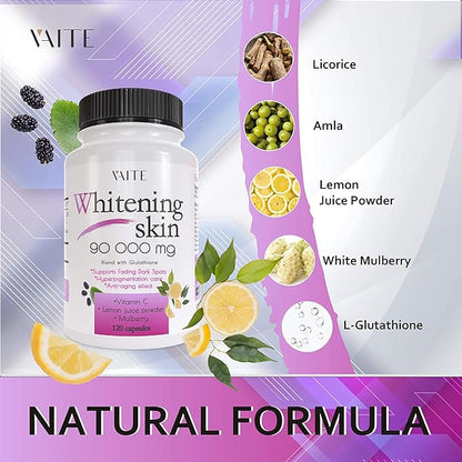 VAITE Glutathione Whitening Pills - Dark Spots & Acne Scar Remover - 90000mg - Vegan Skin Bleaching Pills with Anti-Aging & Antioxidant Effect - 120 Capsules (3 Pack)
