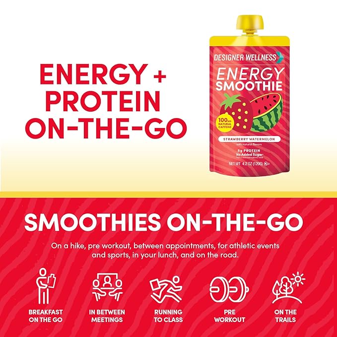 Designer Wellness Energy Smoothie, Real Fruit, 100mg Natural Caffeine, 5g Protein, Low Carb, Zero Added Sugar, Gluten-Free, Strawberry Watermelon, 12 Count