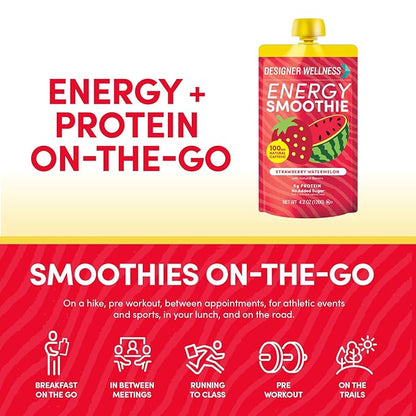 Designer Wellness Energy Smoothie, Real Fruit, 100mg Natural Caffeine, 5g Protein, Low Carb, Zero Added Sugar, Gluten-Free, Strawberry Watermelon, 12 Count