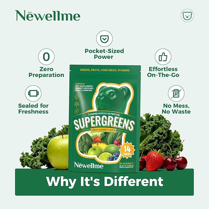 NEWELLME Daily Super Greens Gummies - 6g Fiber per Serving - Sugar-Free, Vegan & Gluten-Free - Essential Multivitamin with Probiotics for Digestive Health, Energy & Immunity - 14 Grab-and-Go Packs