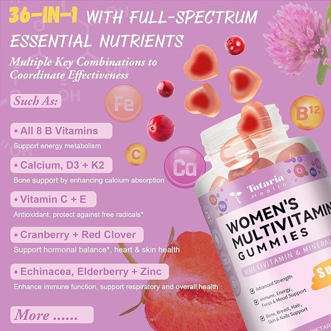 Totaria Sugar Free Multivitamin Gummies for Women 14+ w/Iron, Inositol, Folate, Biotin, Womens Daily Multivitamin Gummy w/Vitamin A, C, B, D3, K2, for Hair, Skin, Energy, Immune, Strawberry Flavor