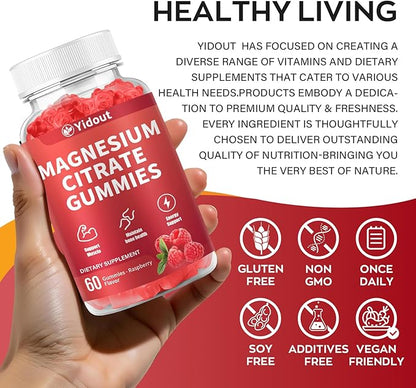 High Absorption Magnesium Gummies for Adults，Magnesium Supplement for Muscle, Nerve, Bone and Heart Support, Vegan, Non-GMO，Raspberry Flavor (60 Count（Pack of 1）)