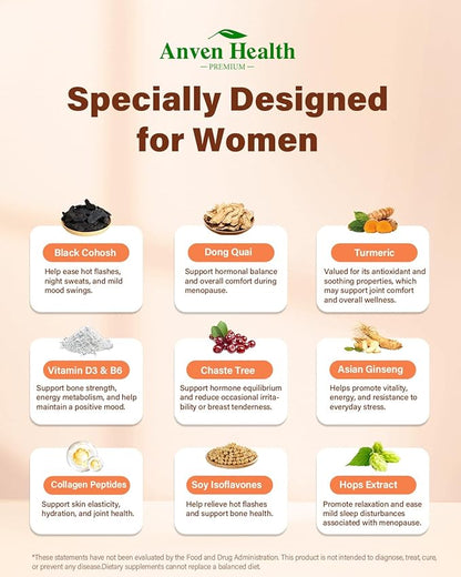 Menopause Supplements for Women, Vitamin D3 & B6, Menopause Relief Probiotics Supports Hot Flashes, Night Sweats, Bloating & Gut Health with Black Cohosh, Herbs, Collagen | 60 Veggie Caps