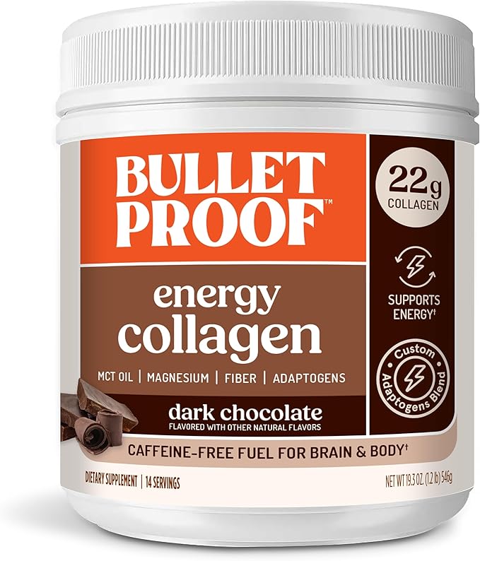 Bulletproof Dark Chocolate Energy Collagen Protein, 19.3 Ounces, Caffeine-Free Fuel with Vitamins and Antioxidants, Blend with Ginseng, Magnesium, Cordyceps Mushroom