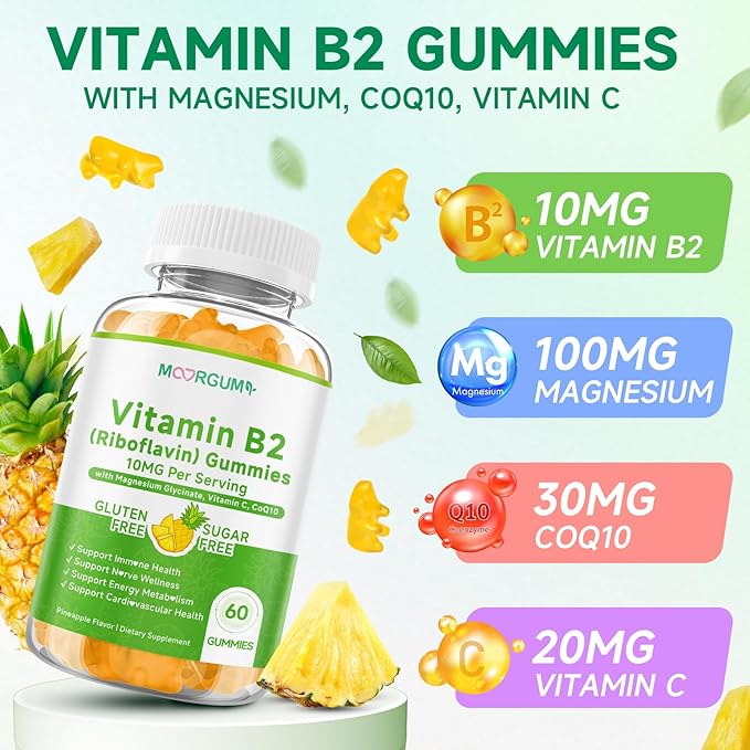 Vitamin B2 Gummies, Riboflavin Supplement for Kids & Adults, with Magnesium Glycinate, CoQ10 and Vitamina C, for Women and Men, Energy, Immune Wellness & Cellular Health Support, 120 Count
