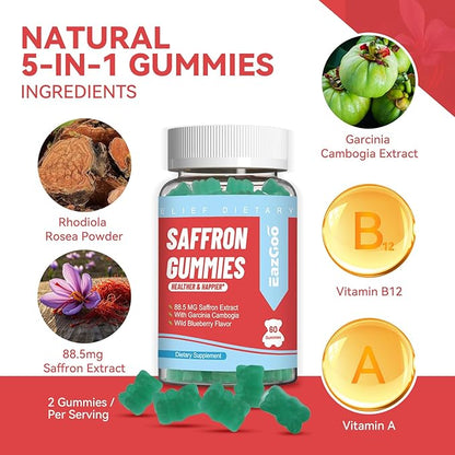 Saffron Supplements Gummies, Saffron Extract for Positive Mood & Calm Nerve, Boost Energy, with Garcinia Cambogia, Vitamin A, B12, Rhodiola Rosea - 120 Gummies