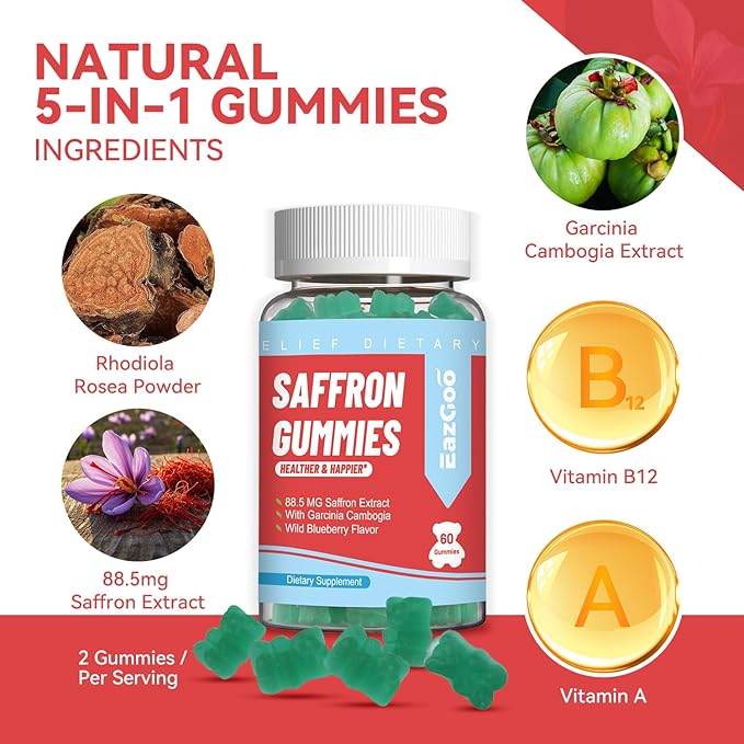 Saffron Supplements Gummies, Saffron Extract for Positive Mood & Calm Nerve, Boost Energy, with Garcinia Cambogia, Vitamin A, B12, Rhodiola Rosea - 60 Gummies