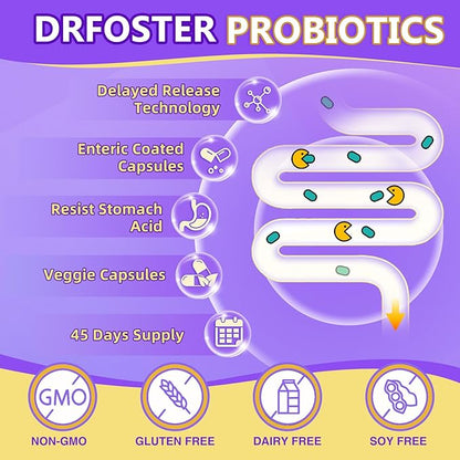 DRFOSTER Probiotics for Women & Men Digestive Health，120 Billion CFUs, Prebiotics and Probiotics for Gut Health, D3, Zinc & Immune Support Herbs, Detox Cleanse, 45 Day - 3 Month Supply