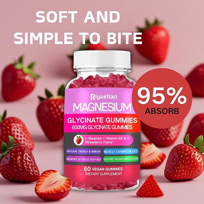 Magnesium Glycinate Gummies 600mg High Absorption - Premium Magnesium Supplement with L-Threonate, Vitamin D3, B6, Potassium for Calm Support - Sugar Free - Perfect for Adults - 60 Count
