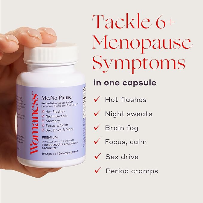 Womaness Me.No.Pause Supplement for Women - Hormone Balance for Women Perimenopause and Menopause - Ashwagandha, Pycnogenol and Bacognize for Hot Flashes, Brain Fog and Mood Hormone Free - 30 Capsules