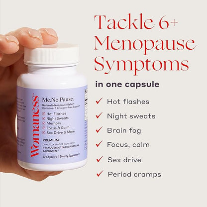 Womaness Me.No.Pause Supplement for Women - Hormone Balance for Women Perimenopause and Menopause - Ashwagandha, Pycnogenol and Bacognize for Hot Flashes, Brain Fog and Mood Hormone Free - 30 Capsules