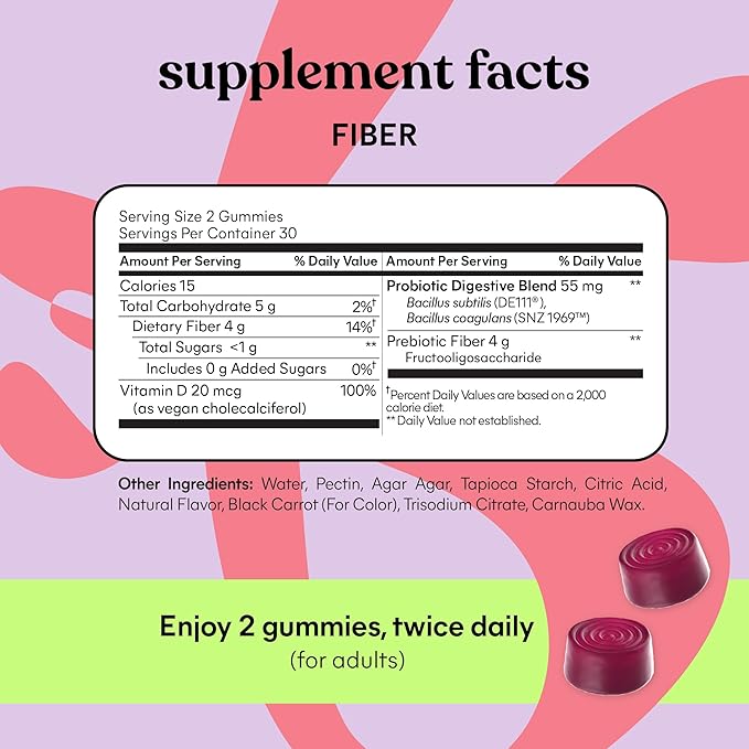 Lemme Fiber & Probiotic Gummies for Adults, Promotes Regularity & Digestive Health, No Sugar Added Strawberry Flavor, 4g Prebiotic Fiber & Clinically Studied Probiotic Strains, (60 Count)