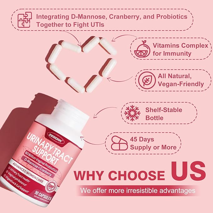 ZEBORA Urinary Tract Health for Women - Vaginal Probiotics for Women Digestive Health and pH Balance - D Mannose Supplements with Cranberry to Cleanse Urinary Tract & Bladder - 90 Capsules