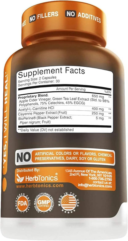 Herbtonics Thermogenic Burner + Apple Cider Vinegar – Weight Management Supplement for Women & Men, Supports Appetite Management, Metabolism & Energy, 60 Vegetarian Capsules