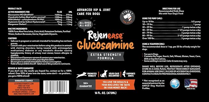 Liquid Glucosamine for Dogs with Chondroitin, MSM & Hyaluronic Acid (16oz). Hip & Joint Supplement Supports Better Mobility & Promotes New Cartilage. Eases Joint Stiffness. Rejenease, Made in USA