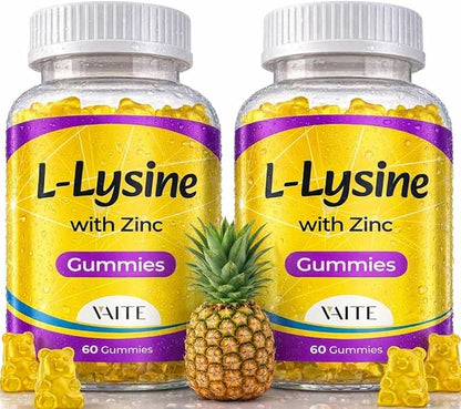 L Lysine Gummies 1000mg with Zinc - Supports Skin, Lip, Vegan, Gluten Free, 60 Chewable L-Lysine for Adults, Vitamins Tissue Health & Immune System, Amino Acid & Complex Supplements, Non-GMO(2Pack)