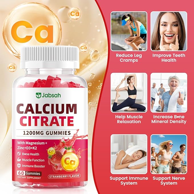 Calcium Citrate Gummies 1200mg, High Absorption Calcium Supplements with Vitamin D3, K2, Magnesium, Zinc for Bone, Muscle & Immune Support, Calcium Gummies for Women & Men, Strawberry Flavor 60 Count