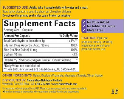 Nature Made Elderberry 400 mg Extract with Vitamin C and Zinc, Dietary Supplement for Immune Support, 60 Capsules, 60 Day Supply (Pack of 2)