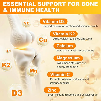 Vitamin D3 K2 Gummies for Women & Men, 6-in-1 Vitamin D Supplements with Magnesium, Zinc and Calcium for Bone, Immune & Energy Support, Sugar Free, Orange Flavor, 60 Count