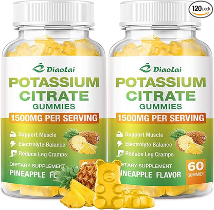 Potassium Citrate 1500mg Gummies - Potassium Supplement for Women & Men, Supports Leg Cramp Relief & Muscle Health, Vegan, Pineapple Flavor (120 Count)