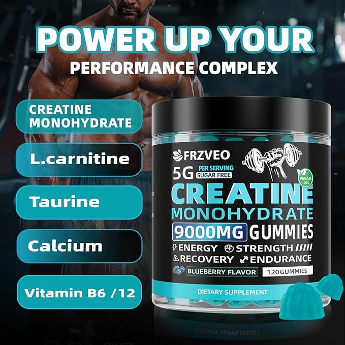 Creatine Monohydrate Gummies 9000mg for Men & Women, Potent Creatine Supplement 5g Chewables Creatine Per Serving, Pre-Workout Gummies for Enhanced Strength, Energy & Muscle Growth - 120 Count