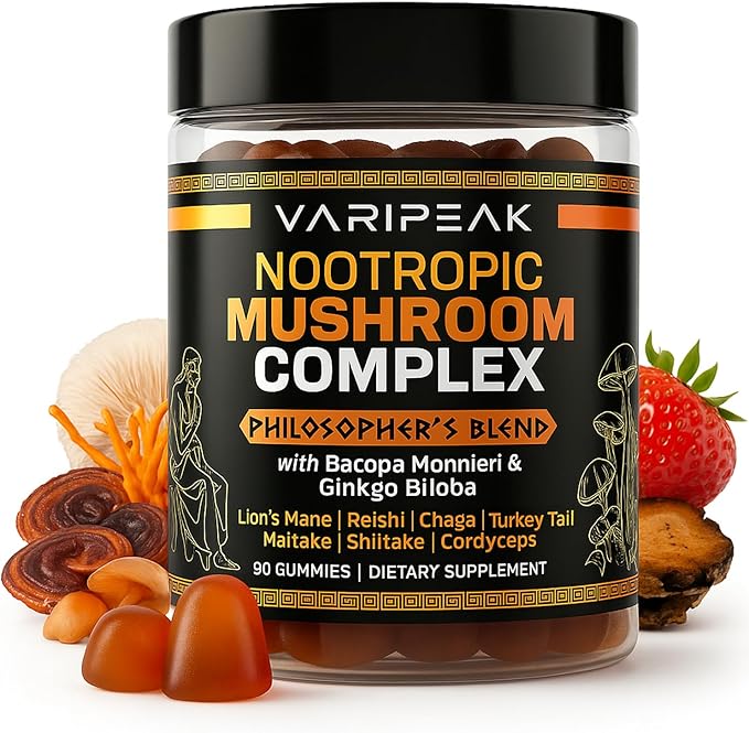 9-In-1 Nootropic Mushroom Gummies | With Lion's Mane, Reishi, Chaga, & More | Enhanced with Bacopa Monnieri & Gingko Biloba | For Focus & Memory | 90 Ct | Sugar Free & Vegan | for Men and Women