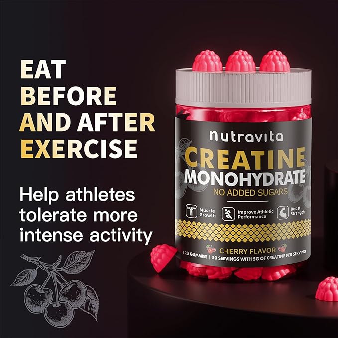 Nutravita NSF Certified Creatine Gummy - Creatine Monohydrate Gummies for Men & Women-5g of Creatine Monohydrate per Serving - Sugar Free,Vegan, Cherry Flavor, 120 Count