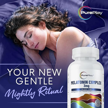 PurePlay Sleep Aids for Adults, Melatonin 3mg Complex with Magnesium and Ashwagandha, Non-Habit Forming Sleep Supplement, 60 Capsules, 30-Days Supply