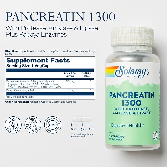 SOLARAY Pancreatin 1300, Pancreatic Digestive Enzymes with Protease, Amylase and Lipase, Plus Papain - Digestion Health Support, Lab Verified, 60 Day Guarantee, 90 Servings, 90 VegCaps