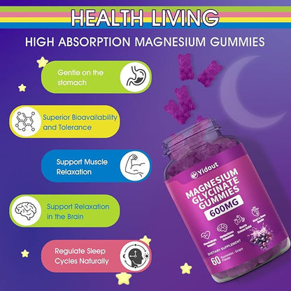 Magnesium Glycinate Gummies 600mg，High Absorption Magnesium Gummies, Sugar Free Chews for Adults & Kids Relaxation, Stress Relief (60 Count（Pack of 2）)