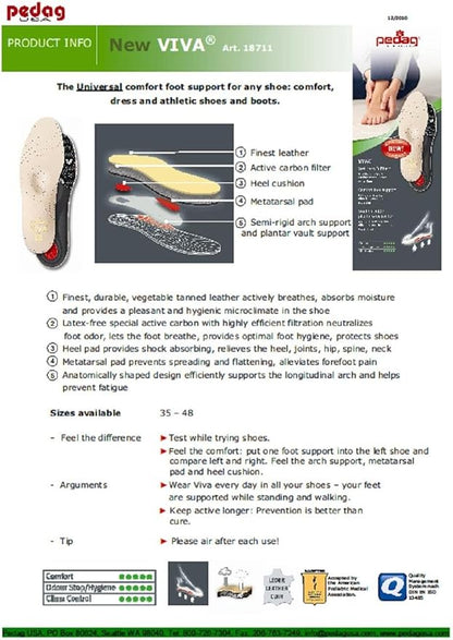 Pedag Viva | Leather Arch Support Inserts | Handmade in Germany | Plantar Fasciitis Relief | Heel Cushion | Activated Charcoal Odor Control | Metatarsal Support Pad | Tan | Women US 5/ EU 35