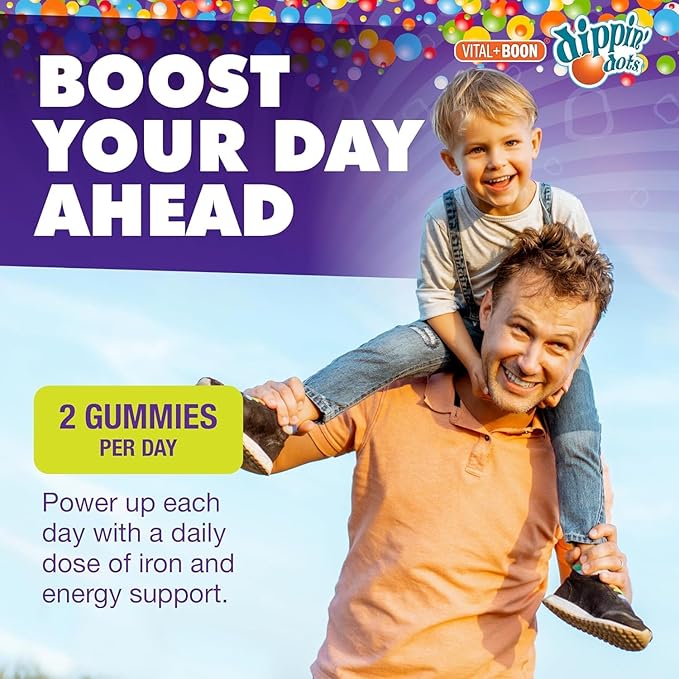 Vital+Boon Dippin' Dots Iron Gummies with Vitamin C & B12 – Gum Drop Grape, 60 Count (2 Pack) – Gluten & Gelatin Free, Non-GMO Supplement for Women, Men & Kids – 60 Day Supply