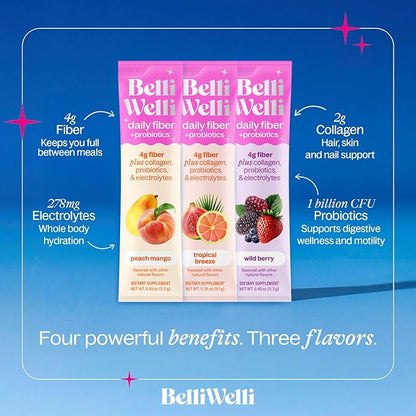 Belli Welli Fiber Supplement, Probiotics Fiber Powder Travel Pack for Women with Collagen & Electrolytes for Daily Gut Health & Debloating, Variety Pack, 10 Packets