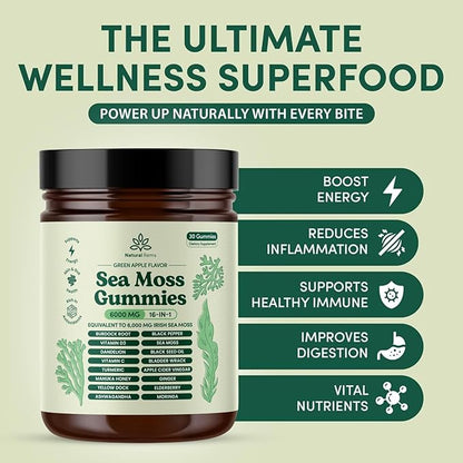 Natural Rems Sea Moss Gummies 16-in-1 - Ashwagandha Black Seed Oil Bladder Wrack Turmeric Vitamin C & D3 with Manuka Burdock Root Dandelion Yellow Dock Elderberry Apple Cider Vinegar (Green Apple)