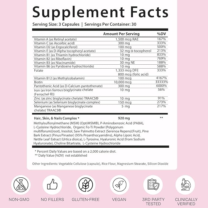 GOBIOTIX Hair Skin and Nails Vitamin Supplement - 10000mcg Biotin Pills with Hyaluronic Acid, Folate, Iron, Magnesium, and Zinc - Collagen Production, Hair Growth - 60 Servings