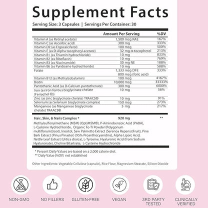 GOBIOTIX Hair Skin and Nails Vitamin Supplement - 10000mcg Biotin Pills with Hyaluronic Acid, Folate, Iron, Magnesium, and Zinc - Collagen Production, Hair Growth - 60 Servings