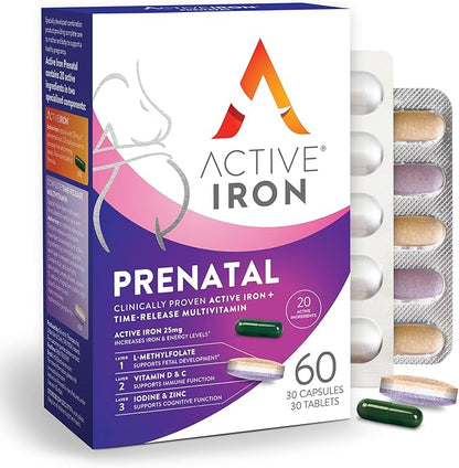 Active Iron Supplement 25mg + Prenatal Multivitamin, Clinically Proven to Increase Iron & Reduce Tiredness, Maximum Absorption, Gentle, Non-Constipating, 30 Capsules + 30 Time Release Tablets