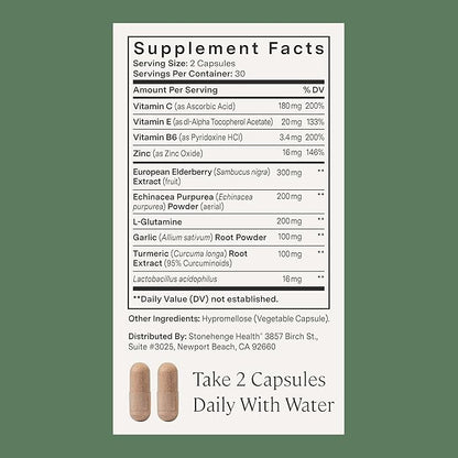 Stonehenge Health Dynamic Immunity Daily Supplement 10-in-1 Immune Boosters Zinc, Elderberry, Echinacea, Vitamin C & Probiotic L. Acidophilus – Supports Immune System & Respiratory Health, 60 Capsules